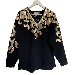 Vintage Outlander Lambswool Angora Rabbit Hair Black Gold Sweater V Neck L